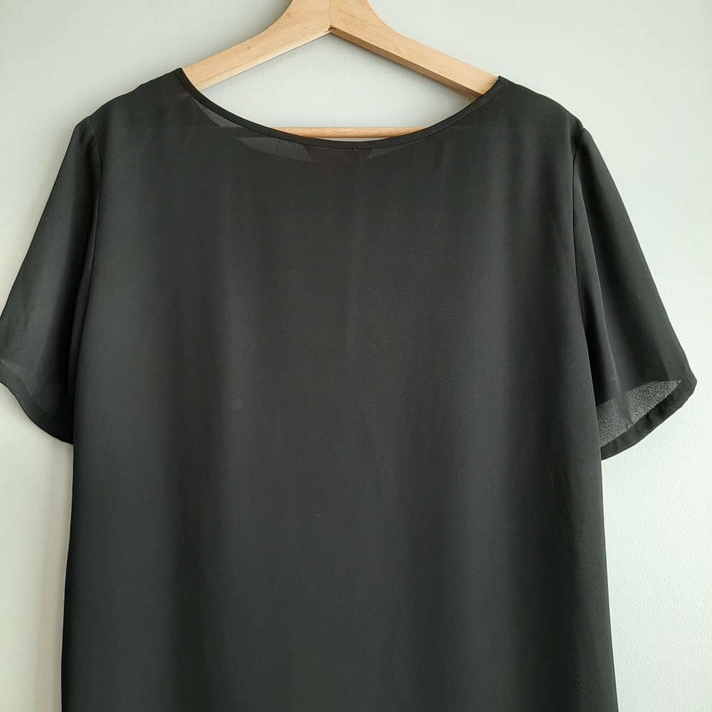 JOE FRESH Lace Detail Semi-Sheer Light Flowy Blouse Top High-Low Hem Black Sz L - Picture 7 of 11
